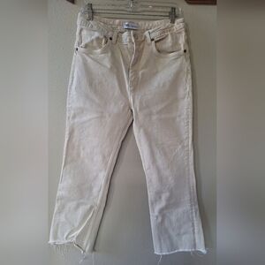 Zara High-Rise Straight Leg Raw Hem Cream Ankle Jeans Stretch Size 10